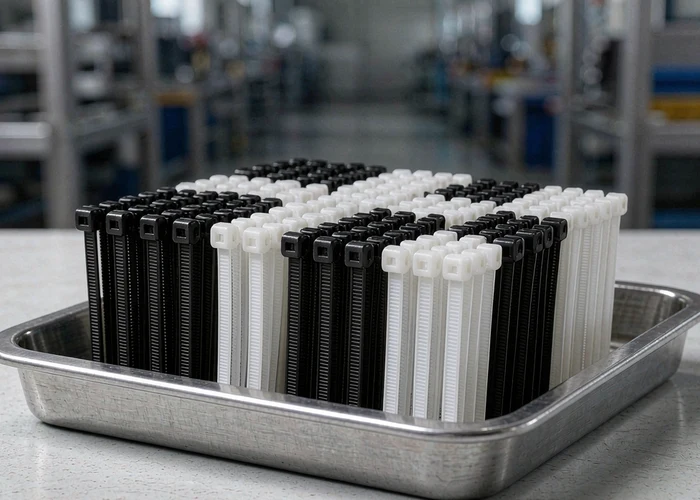 Нейлоновые кабельные стяжки PA66 на металлическом подносе — фото продукта Niuli Electric